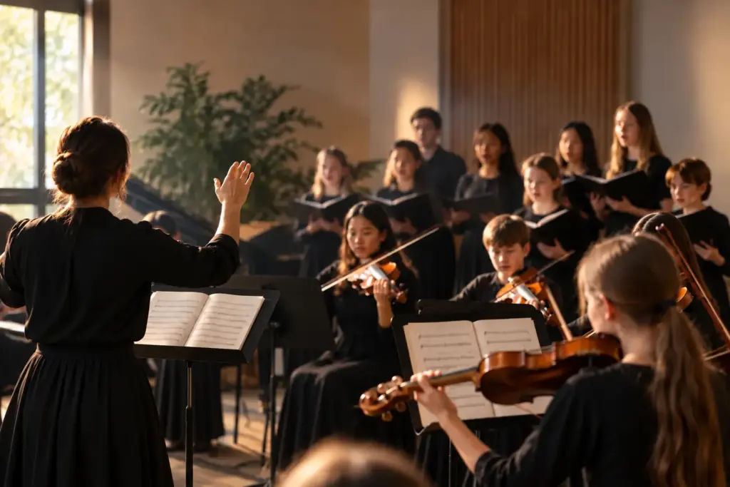 Young people playing in an orchestra during a music and media session